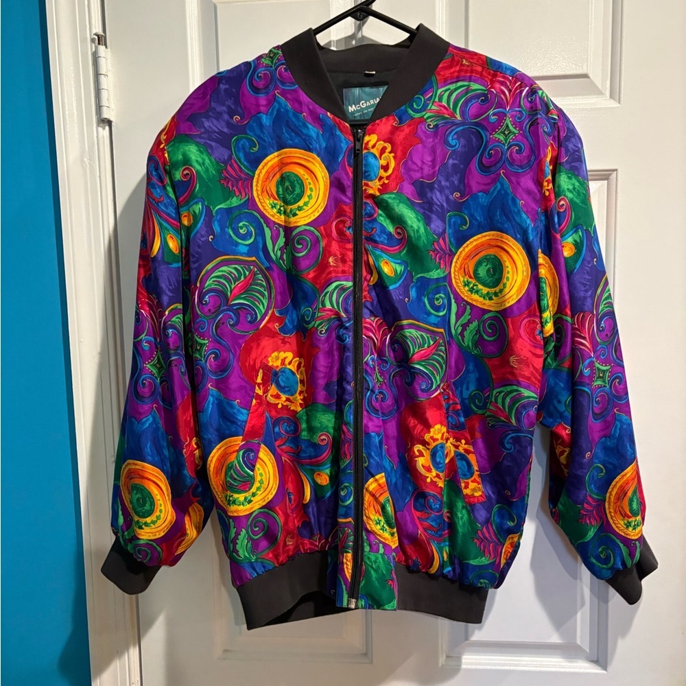 McGarland vintage silky bomber jacket colorful artsy 90s art deco sz M
